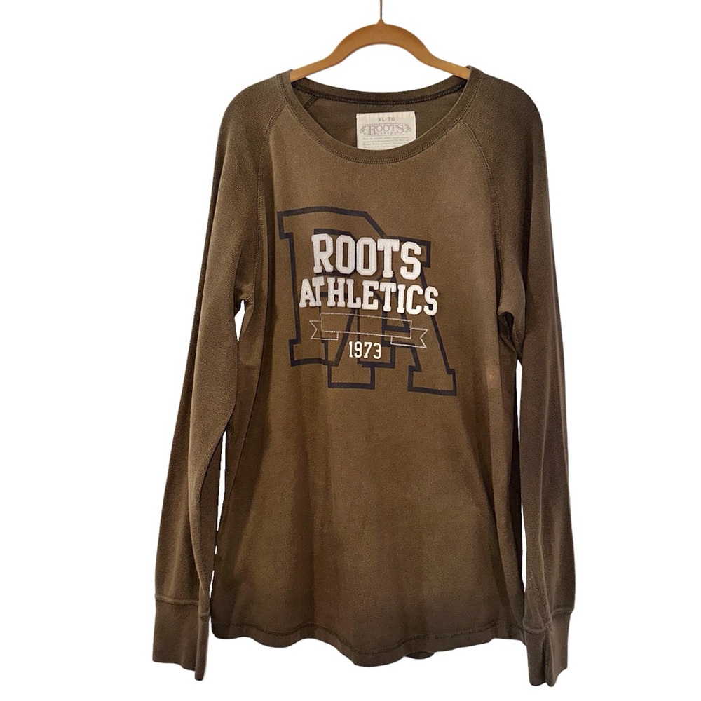Roots Canada Athletic 1973 Thermal Mens Pullover Size XL Olive Green Beaver Logo